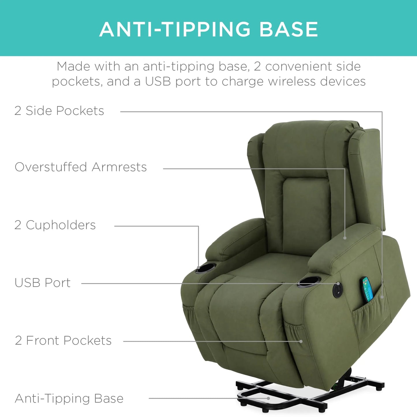 PU Leather Electric Power Lift Chair, Recliner Massage Chair,Olive
